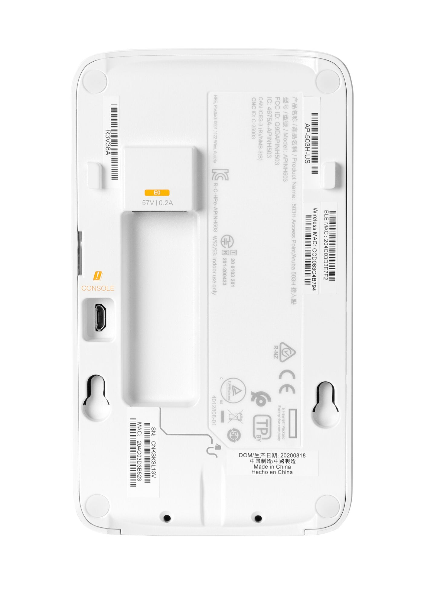 HPE Aruba Networking AP-503H (RW) Dual Radio 802.11ax 2x2 1+2 Ethernet Unified TAA Hospitality AP