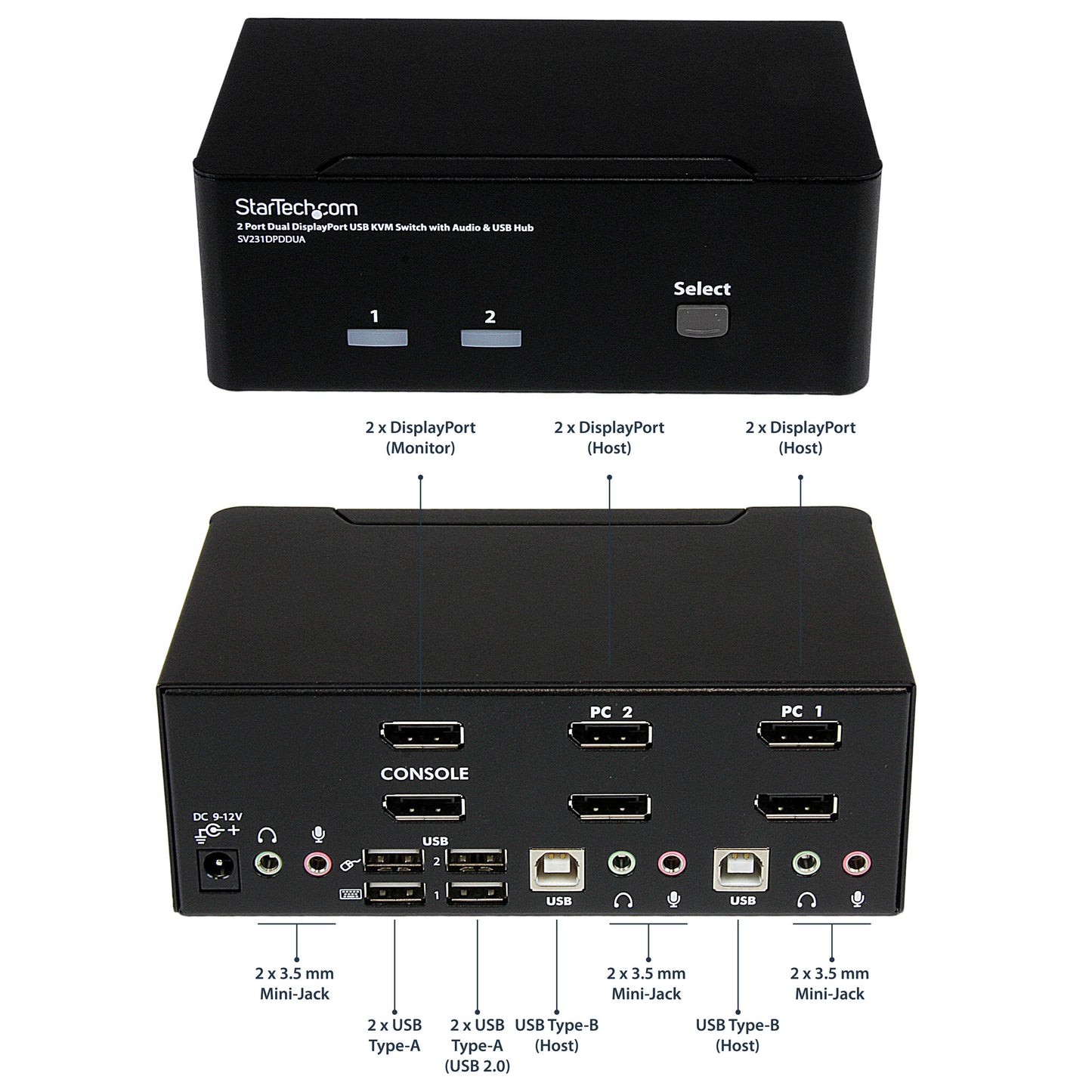 StarTech.com 2 Port Dual DisplayPort USB KVM Switch with Audio & USB 2.0 Hub - TAA