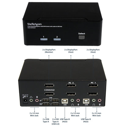 StarTech.com 2 Port Dual DisplayPort USB KVM Switch with Audio & USB 2.0 Hub - TAA