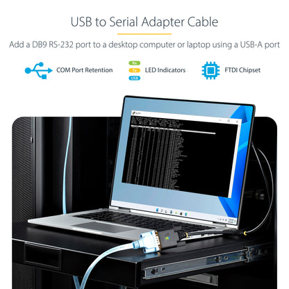 StarTech.com 6.6ft (2m) USB to Serial Adapter Cable, COM Retention, Interchangeable Screws/Nuts, USB-A to DB9 RS232, FTDI IC, ESD Protection, Windows/macOS/Linux