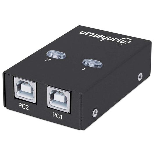 Manhattan USB-A Automatic Sharing Switch, 2x USB-B Ports, 480 Mbps (USB 2.0), Dual Control (Auto-Sensing or Manual), USB powered (no external power supply required), inc 1x 1.5m USB-A to USB-B cable