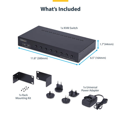StarTech.com 8-Port DisplayPort KVM Switch with 1U Rack Mount Kit, 4K 60Hz DP 1.2, Push-Button & Hotkey Switching, 4-Port USB Hub, OS Independent, TAA Compliant