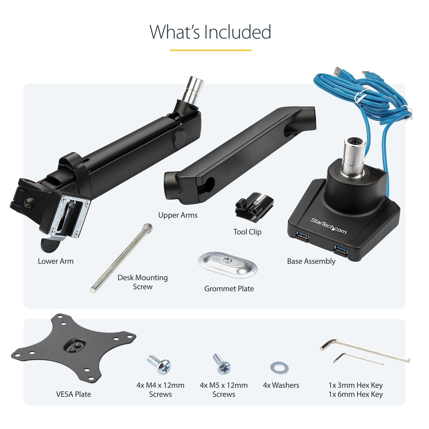 StarTech.com Desk Mount Monitor Arm with 2x USB 3.0 ports, Slim Full Motion Single Monitor Mount, up to 34" (17.6lb/8kg) VESA Display, Clamp/Grommet Mount, Mechanical Spring