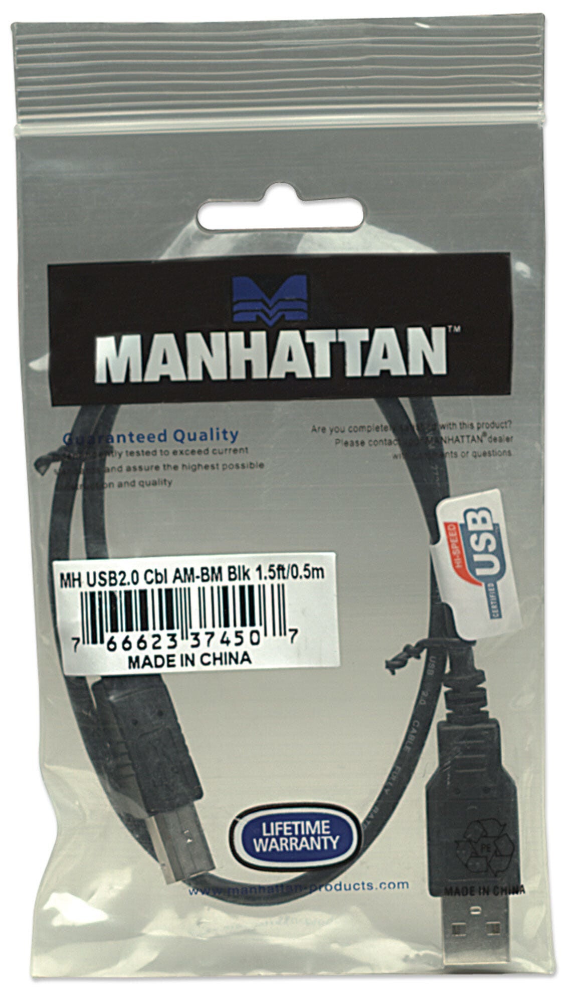 Manhattan USB-A to USB-B Cable, 0.5m, Male to Male, 480 Mbps (USB 2.0), Equivalent to USB2HAB50CM, Hi-Speed USB, Black, Lifetime Warranty, Polybag