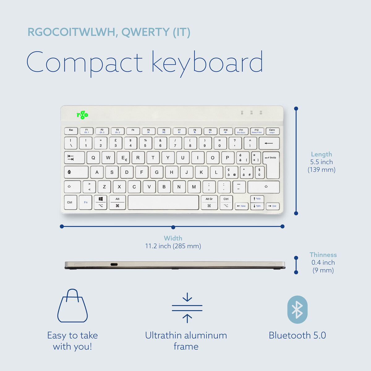 R-Go Tools Ergonomic keyboard R-Go Compact Break, compact keyboard with break software, QWERTY (IT), Bluetooth, white