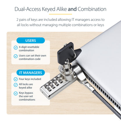 StarTech.com 10-Pack Dual-Access Laptop Lock, 6.6ft (2m) Keyed Alike and Combination Security Cable Lock for K-Slot Devices, Computer Anti-Theft Steel Cable, TAA