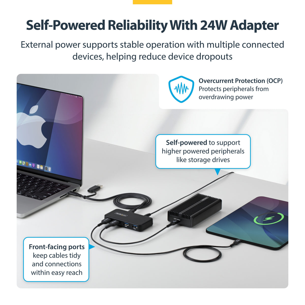 StarTech.com 4-Port USB-A Hub, 5Gbps, Self-Powered, 2-in-1 USB-C and USB-A Host Cable, 1x BC 1.2 Charging Port, 24W Power Adapter Included, MacBook and Windows