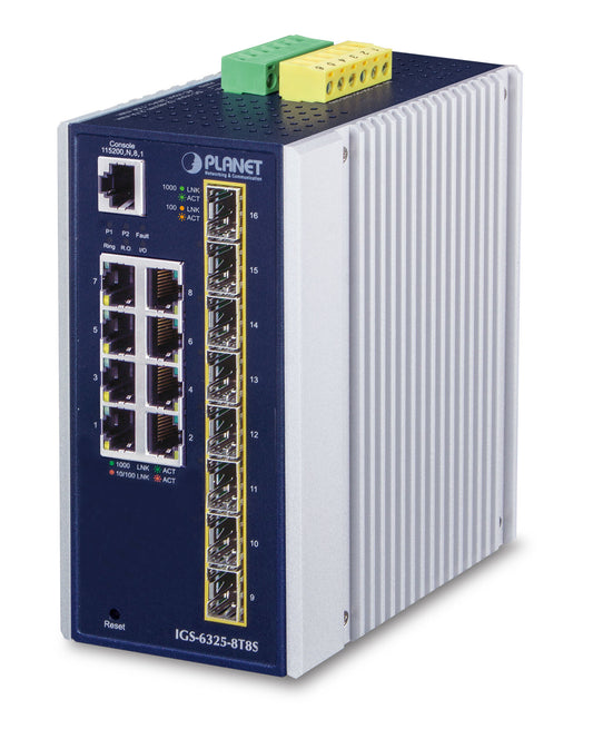PLANET IP30 Industrial L3 8-Port network switch, Managed, blue and white