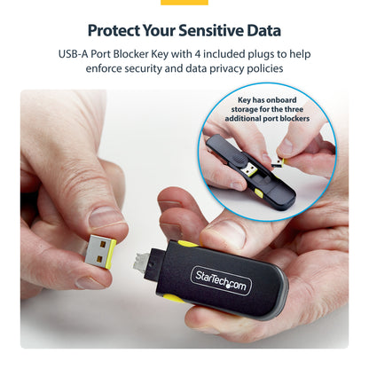 StarTech.com USB-A Port Blocker Key with 4x Latching USB-A Dust Cover Plugs, Snap-In Reusable Port Protectors for Laptops & Computers