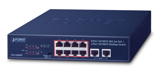 PLANET FSD-1008HP network switch, Unmanaged, 10-port, Power over Ethernet (PoE), blue