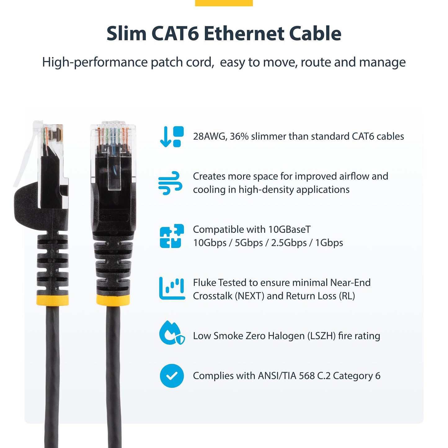 StarTech.com 25cm White Slim CAT6 Ethernet Cable, Snagless, 100W PoE, UTP, LSZH, 28AWG Pure Bare Copper Wire, Slim RJ45 Network Patch Cord w/Strain Reliefs, Individually Tested