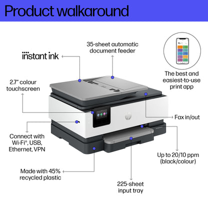 HP OfficeJet Pro 8134e Wireless All-in-One Color Printer, Instant Ink; Two-sided printing