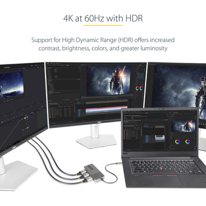 StarTech.com 3-Port USB-C Multi-Monitor Adapter, USB Type-C to 3x HDMI MST Hub, Triple 4K 60Hz HDMI Laptop Display Extender / Splitter, HDR, Extra-Long Built-In Cable - Windows Only