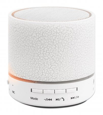Manhattan LED Bluetooth Speaker, Multicoloured, 5 hour Playback time, Range 10m, microSD card reader (32GB), Aux 3.5mm connector, Output 3W, USB-A charging cable included, 1200mAH battery, Bluetooth v5, White, Three Year Warranty