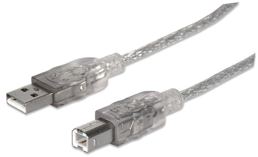 Manhattan USB-A to USB-B Cable, 3m, USB 2.0, 480 Mbps, Hi-Speed USB, Translucent Silver, Lifetime Warranty, Equivalent to USB2HAB10T