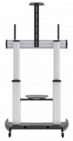 Manhattan TV & Monitor Mount, Trolley Stand, 1 screen, Screen Sizes: 60-100", Silver/Black, VESA 200x200 to 800x600mm, Max 100kg, Height adjustable 1200 to 1685mm, Camera and AV shelves, Aluminium, LFD, Lifetime Warranty