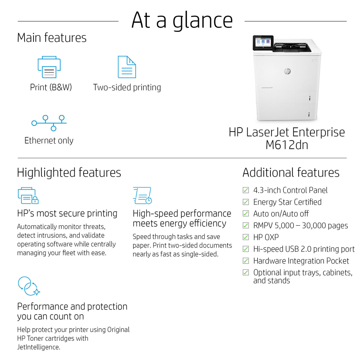 HP LaserJet Enterprise M612dn Black and white Printer, Ethernet Only; Duplex