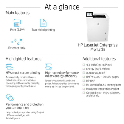 HP LaserJet Enterprise M612dn Black and white Printer, Ethernet Only; Duplex