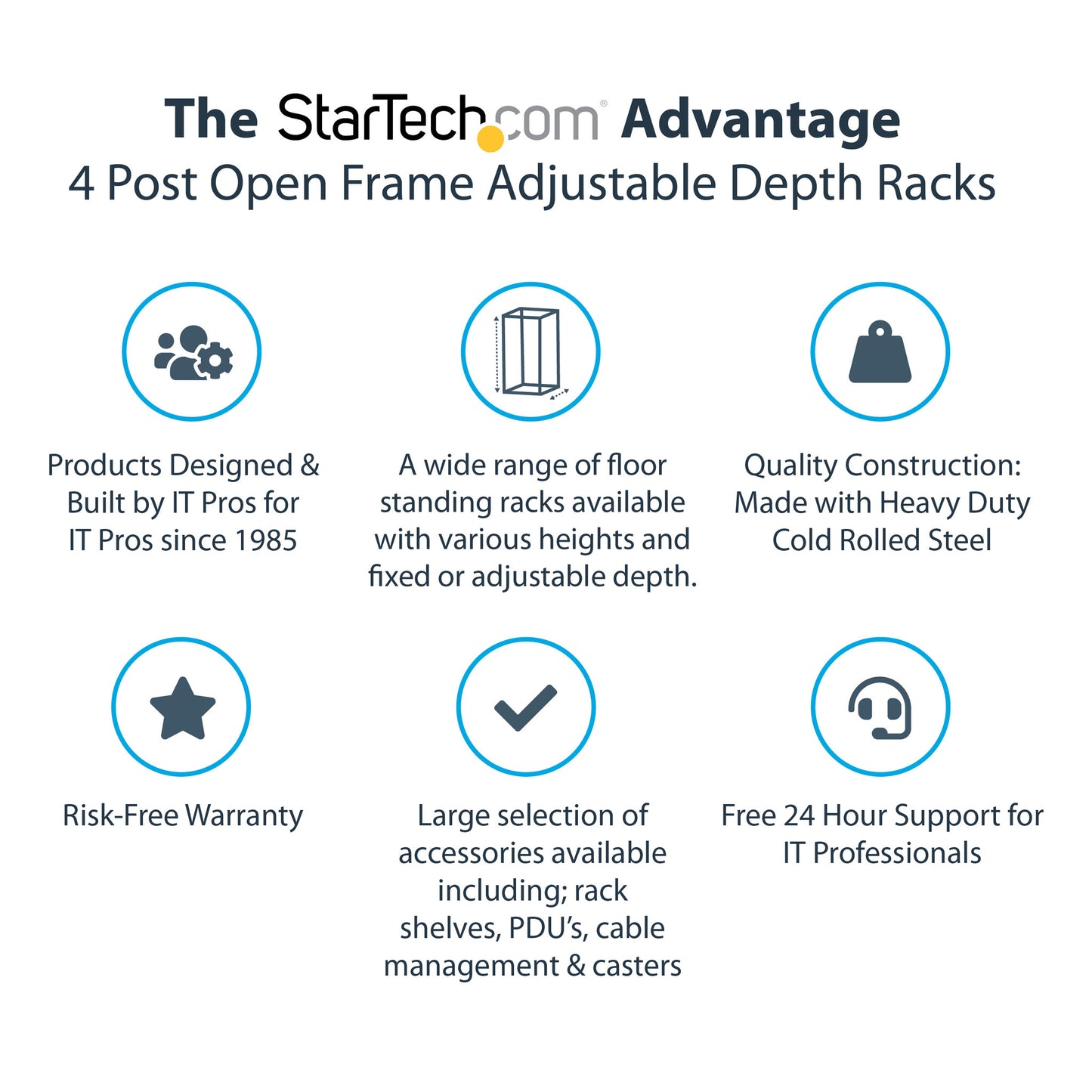 StarTech.com 4-Post 18U Mobile Open Frame Server Rack, Four Post 19" Network Rack with Wheels, Rolling Rack with Adjustable Depth for Computer/AV/Data/IT Equipment - Casters, Leveling Feet or Floor Mounting