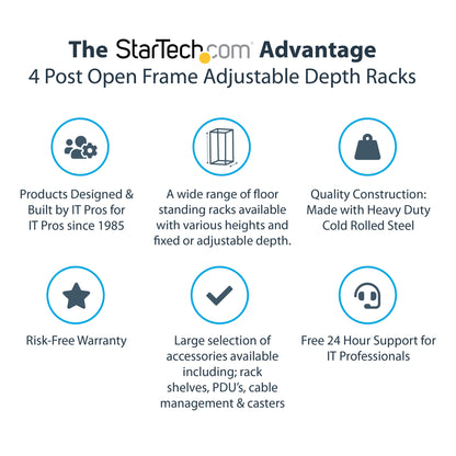 StarTech.com 4-Post 18U Mobile Open Frame Server Rack, Four Post 19" Network Rack with Wheels, Rolling Rack with Adjustable Depth for Computer/AV/Data/IT Equipment - Casters, Leveling Feet or Floor Mounting