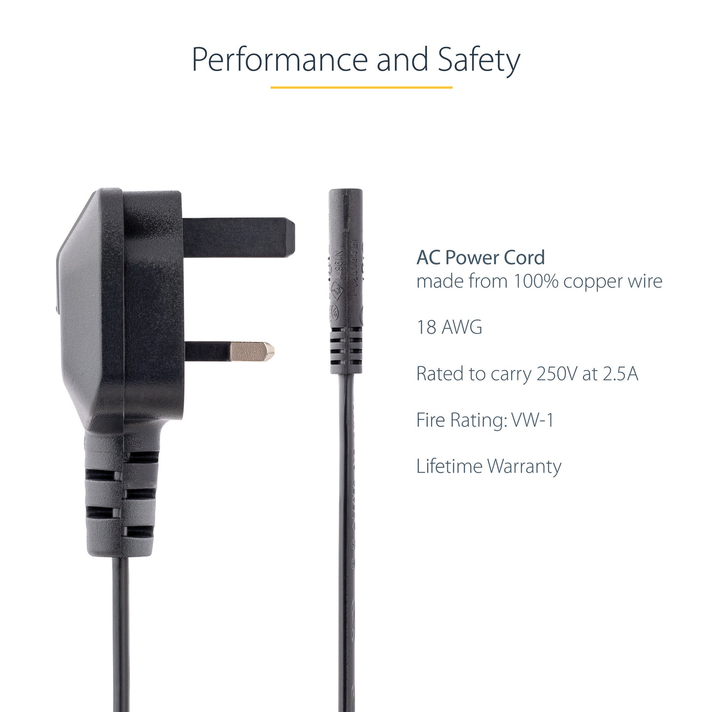 StarTech.com 3ft (1m) UK Laptop Power Cable, BS 1363 to C7, 2.5A 250V, 18AWG, Black, UK Laptop Replacement Cord, Printer Power Cable, AC Laptop Charger Cord, Laptop Power Brick Cord
