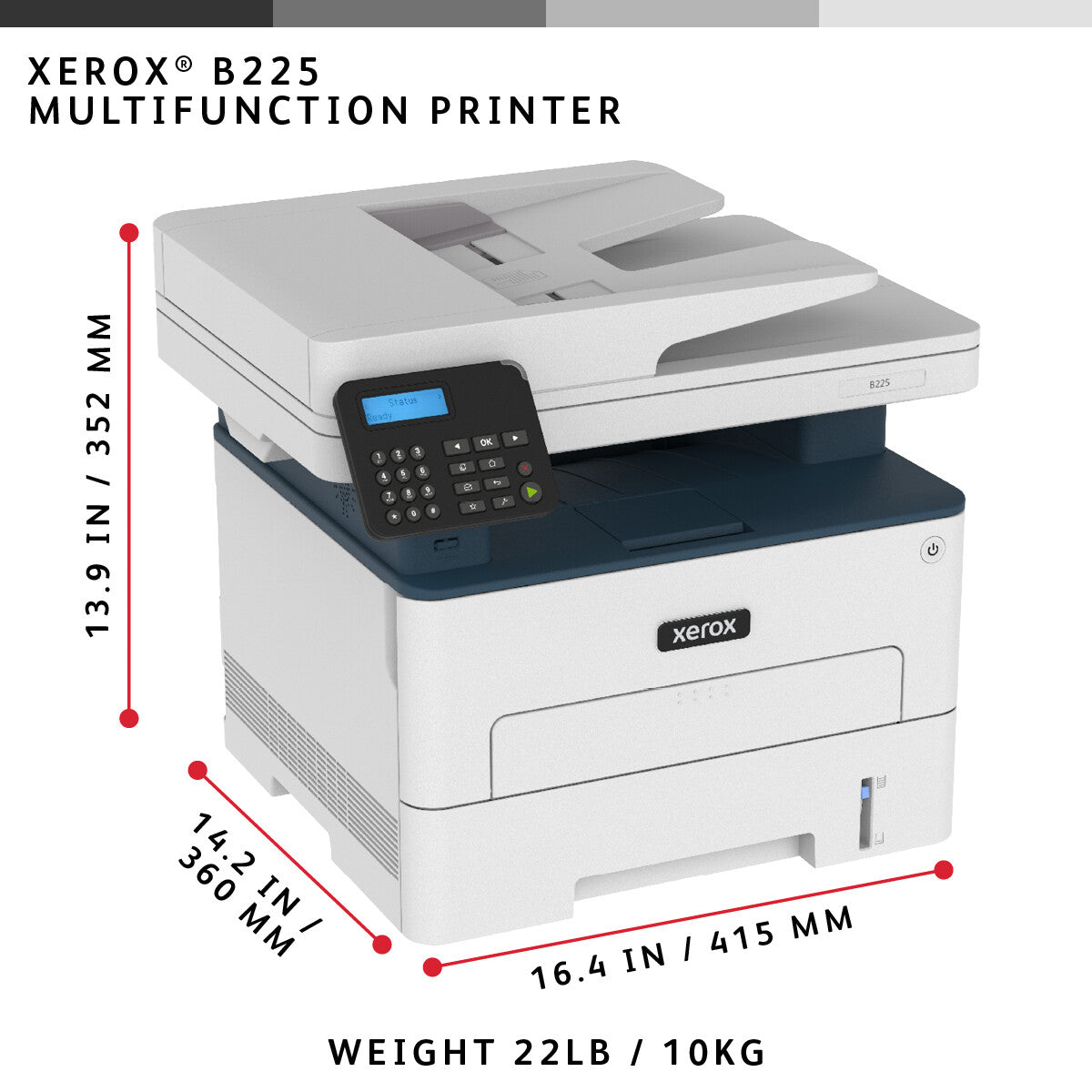 Xerox B225 A4 34ppm Wireless Duplex Copy/Print/Scan PS3 PCL5e/6 ADF 2 Trays 251 Sheets UK