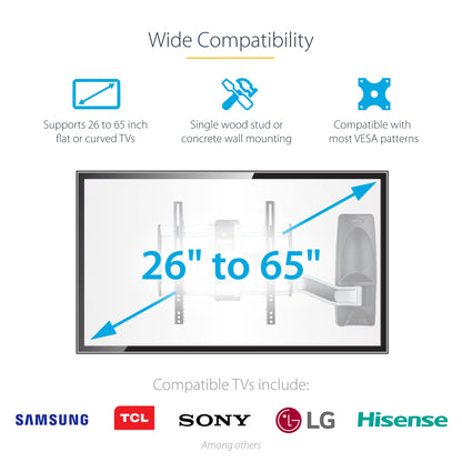 StarTech.com Articulating TV Wall Mount, VESA Wall Mount, Supports 26 to 65 inch/99lb/Flat/Curved TVs, Retractable Low Profile Wall Mount TV Bracket, Adjustable Corner TV Wall Mount - TAA