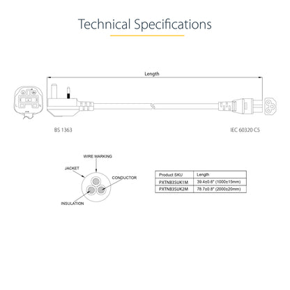 StarTech.com 6ft (2m) UK Laptop Power Cable, BS 1363 to C5 (Clover Leaf), 2.5A 250V, 18AWG, UK Laptop Replacement Cord, Printer Power Cable, Laptop Charger Cord, Laptop Power Brick Cord