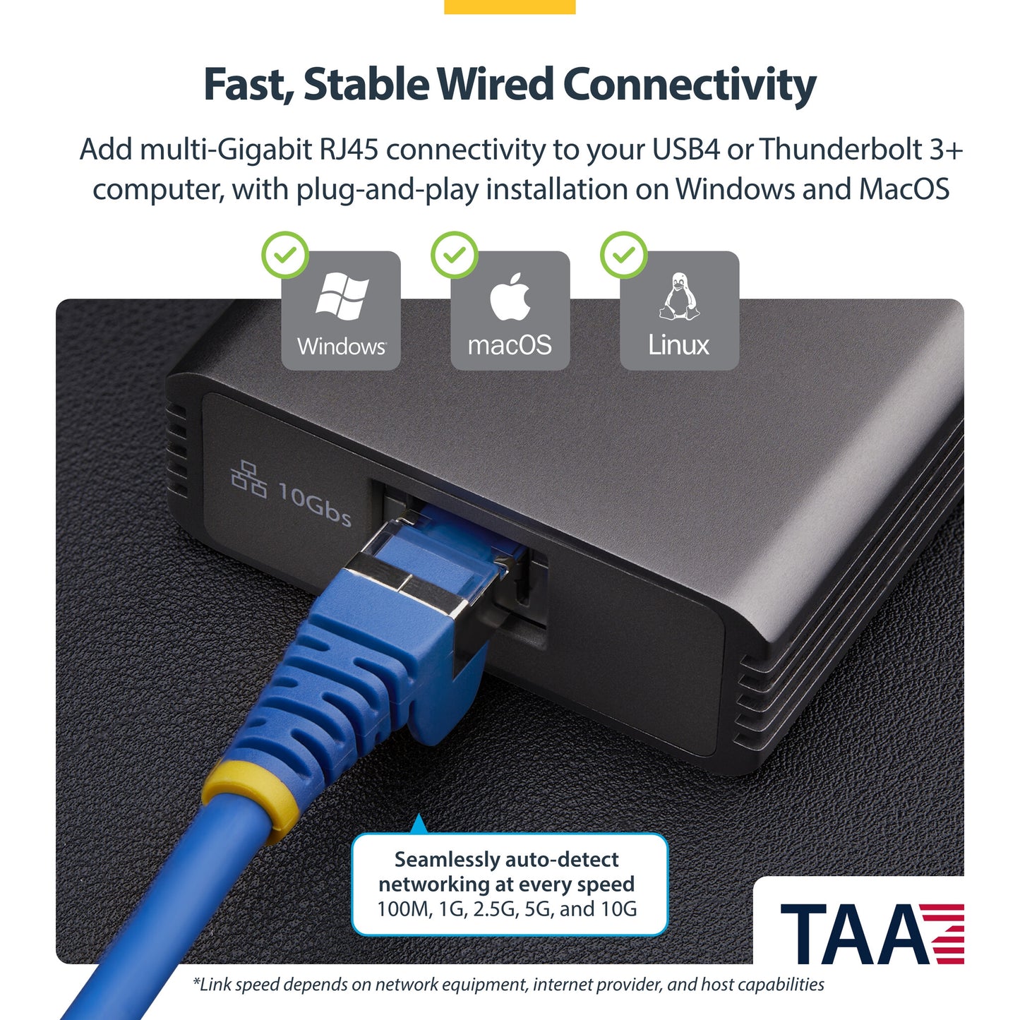 StarTech.com USB4 to Ethernet Adapter, 10GbE, Multi-Gigabit, Thunderbolt Compatible, 10GBASE-T/5G/2.5G NIC, 10G Ethernet Adapter, 0.5m USB4 Cable, Win/Mac, TAA