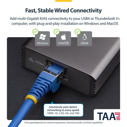 StarTech.com USB4 to Ethernet Adapter, 10GbE, Multi-Gigabit, Thunderbolt Compatible, 10GBASE-T/5G/2.5G NIC, 10G Ethernet Adapter, 0.5m USB4 Cable, Win/Mac, TAA