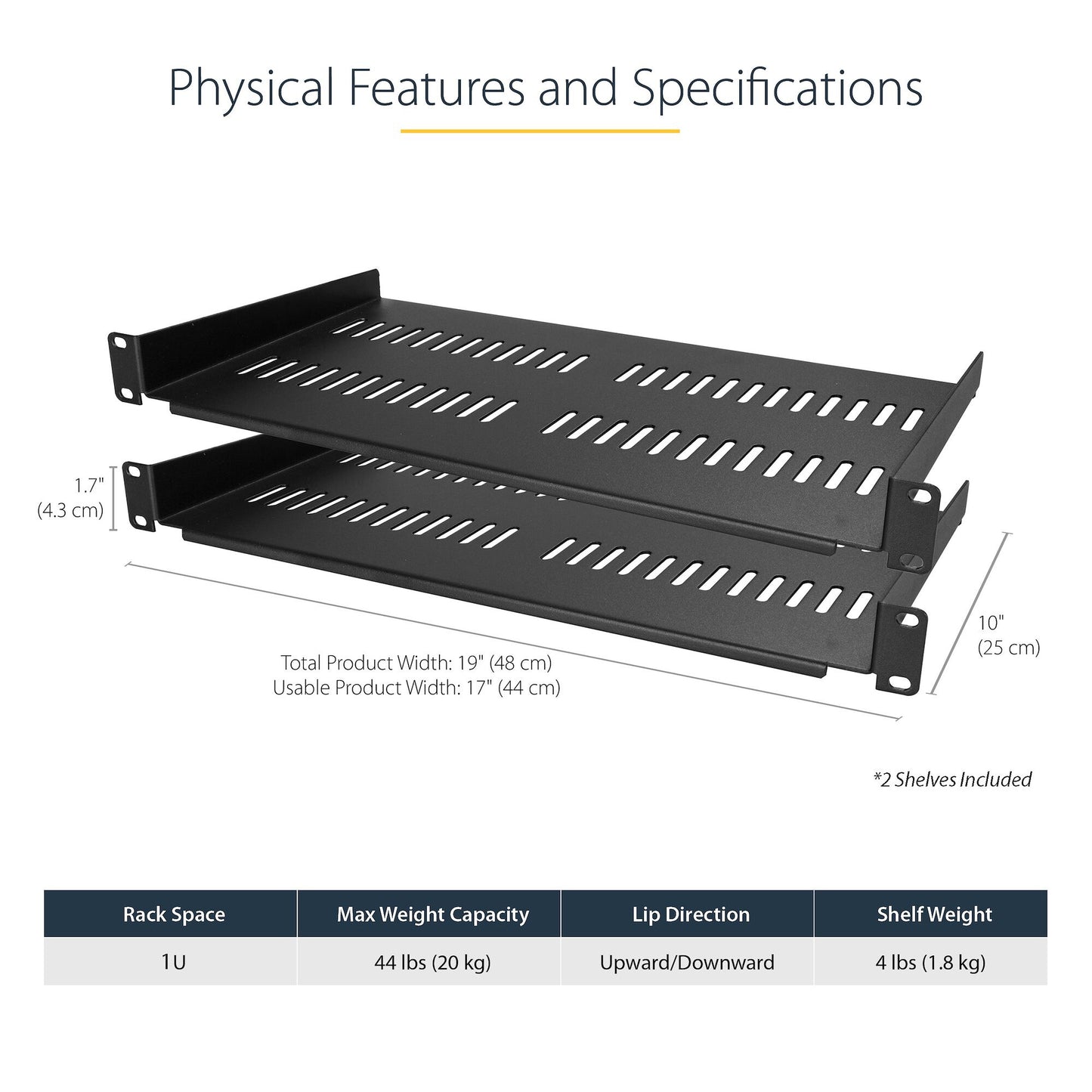 StarTech.com 2-Pack 1U Server Rack Shelf, Vented Rackmount Cantilever Tray for 19" Network Rack or Cabinet, Heavy-Duty 10" (25cm) Deep, Up to 44lb (20kg) Each