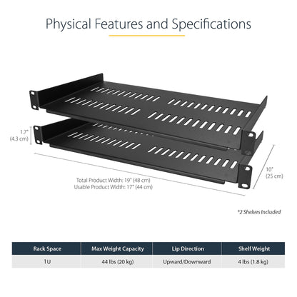 StarTech.com 2-Pack 1U Server Rack Shelf, Vented Rackmount Cantilever Tray for 19" Network Rack or Cabinet, Heavy-Duty 10" (25cm) Deep, Up to 44lb (20kg) Each