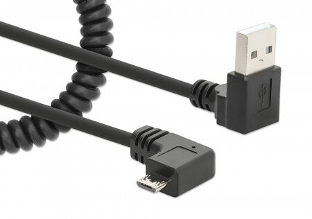 Manhattan USB-A to Micro-USB Charging Cable, 1m, Coiled Tangle-Resistant Design, Angled Connectors, Ideal for Charging Cabinets and Carts, No Data Transmission, Black, Lifetime Warranty