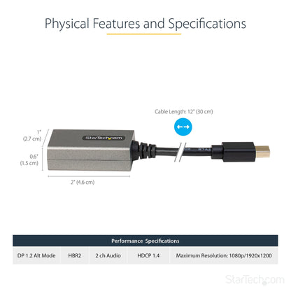 StarTech.com Mini DisplayPort to HDMI Adapter - mDP to HDMI Adapter Dongle - 1080p - Mini DisplayPort 1.2 to HDMI Monitor/Display - Mini DP to HDMI Video Converter - 12" Long Attached Cable - Upgraded Version of MDP2HDMI