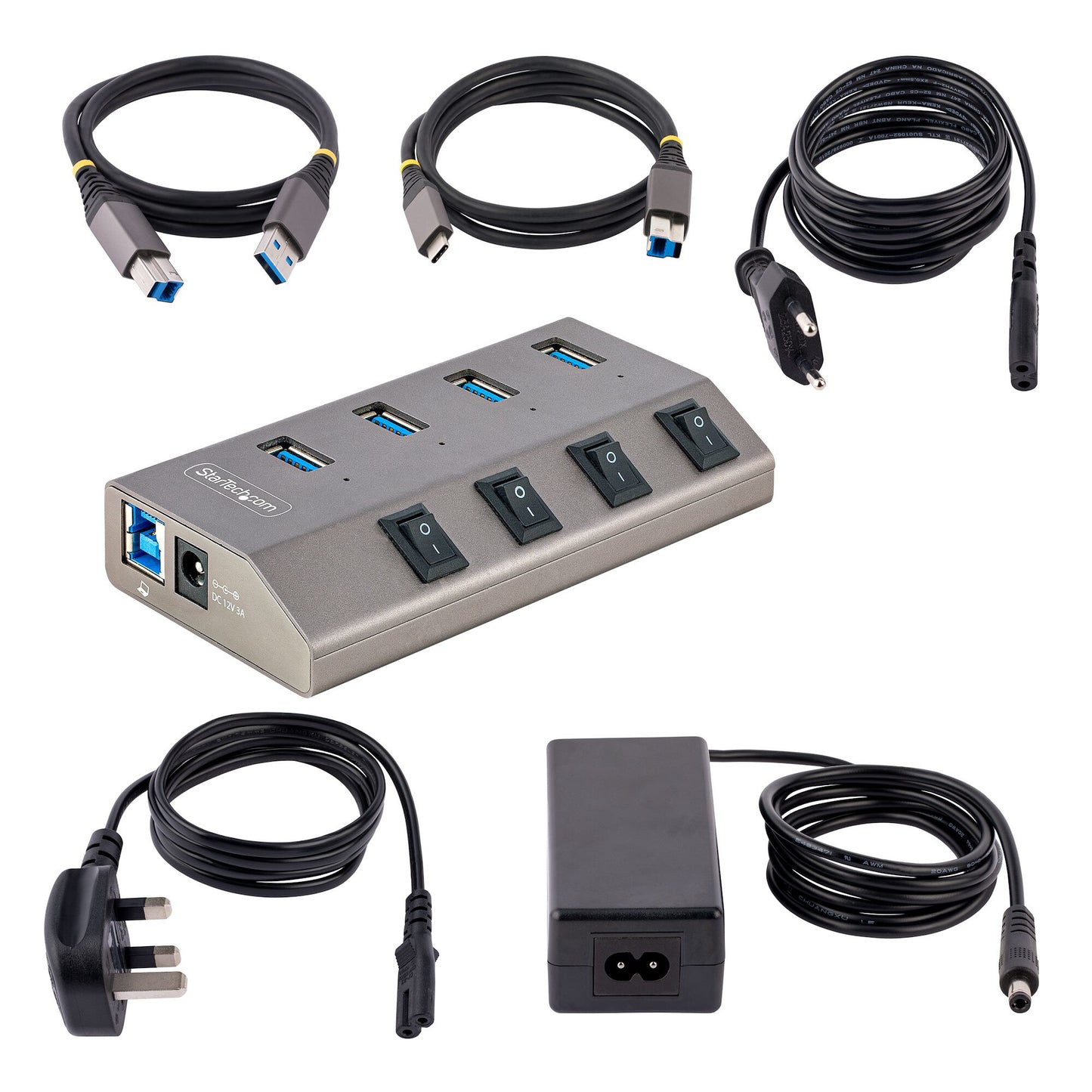 StarTech.com 4 Port Self-Powered USB C Hub with Individual On/Off Switches, USB 3.0 (5Gbps) Expansion Hub with Power Supply, Desktop Laptop USB-C to USB-A Splitter