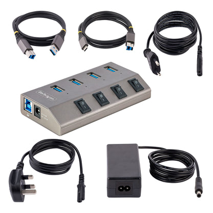 StarTech.com 4 Port Self-Powered USB C Hub with Individual On/Off Switches, USB 3.0 (5Gbps) Expansion Hub with Power Supply, Desktop Laptop USB-C to USB-A Splitter