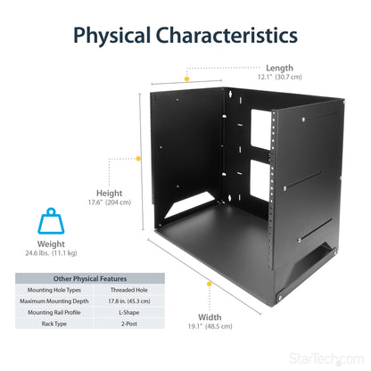 StarTech.com 2-Post 8U Open Frame Wall Mount Network Rack with Built-in Shelf, Wall Mount Data Rack with Adjustable Depth for AV / Computer / IT Equipment, Small Wall-Mount Server Rack - TAA Compliant