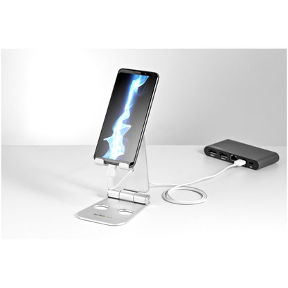 StarTech.com Phone and Tablet Stand - Foldable Universal Mobile Device Holder for Smartphones & Tablets - Adjustable Multi-Angle Ergonomic Cell Phone Stand for Desk - Portable - Silver