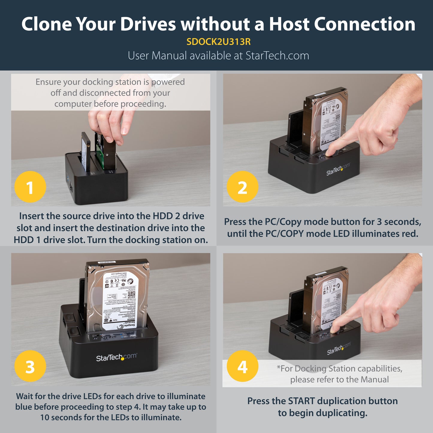 StarTech.com Standalone Hard Drive Duplicator, Dual Bay HDD/SSD Cloner/Copier, USB 3.1 (10Gbps) to SATA III HDD/SSD Docking Station, Hard Disk Duplicator Dock, Hard Drive Cloner