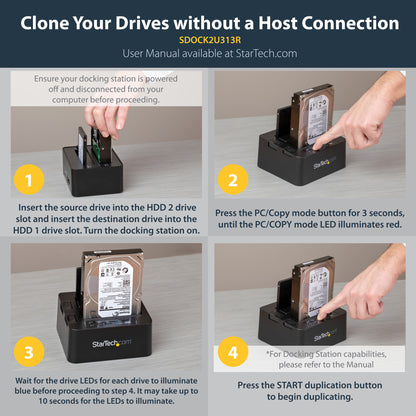 StarTech.com Standalone Hard Drive Duplicator, Dual Bay HDD/SSD Cloner/Copier, USB 3.1 (10Gbps) to SATA III HDD/SSD Docking Station, Hard Disk Duplicator Dock, Hard Drive Cloner