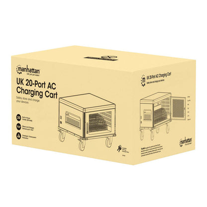 Manhattan Laptop Charging Cart/Trolley via AC Adapter (UK) 20-bay, Install device's AC Adapter (power cables) into unit, Suitable for ALL laptops (to 16"), iPads, MacBooks, Chromebooks, other portable devices, Bays 380x30x280mm, Cabinet, Lockable