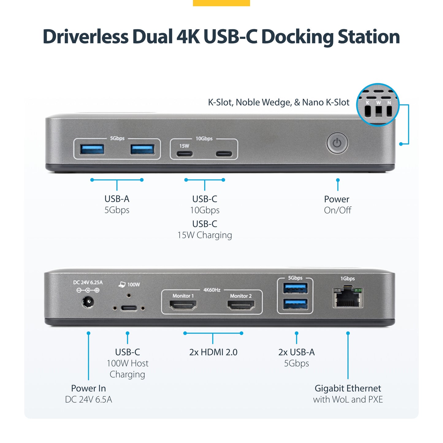 StarTech.com Dual-Monitor USB-C Docking Station, HDMI, 4K 60Hz, 100W Laptop Charging, 1GbE, Driverless, Multi-Monitor Dock For Windows