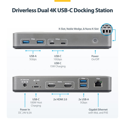StarTech.com Dual-Monitor USB-C Docking Station, HDMI, 4K 60Hz, 100W Laptop Charging, 1GbE, Driverless, Multi-Monitor Dock For Windows