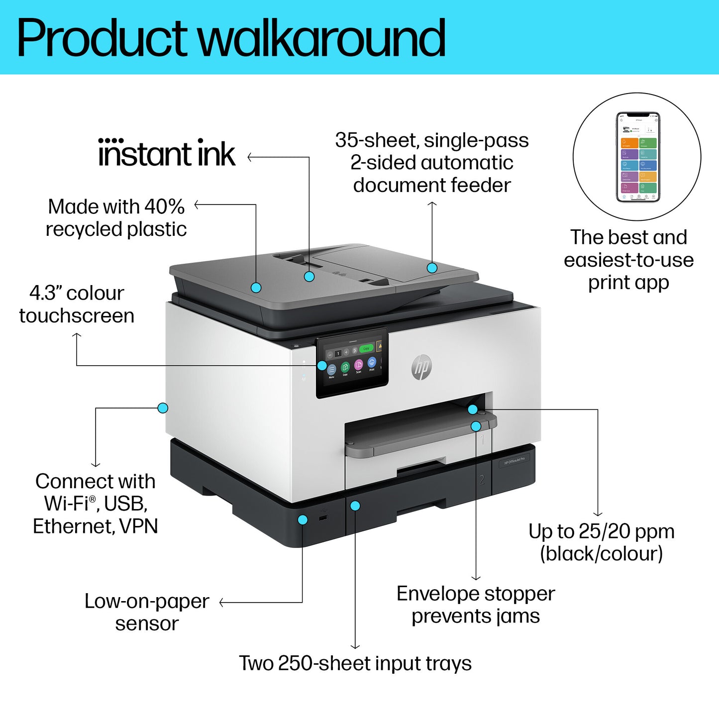 HP OfficeJet Pro 9135e Wireless All-in-One Color Printer, Instant Ink; Two-sided printing