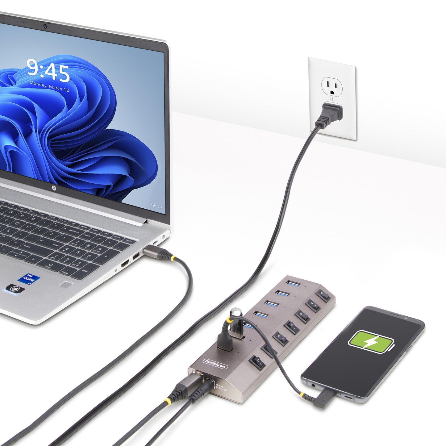 StarTech.com 7 Port Self-Powered USB C Hub with Individual On/Off Switches, USB 3.0 (5Gbps) Expansion Hub with Power Supply, Desktop Laptop USB-C to USB-A Splitter