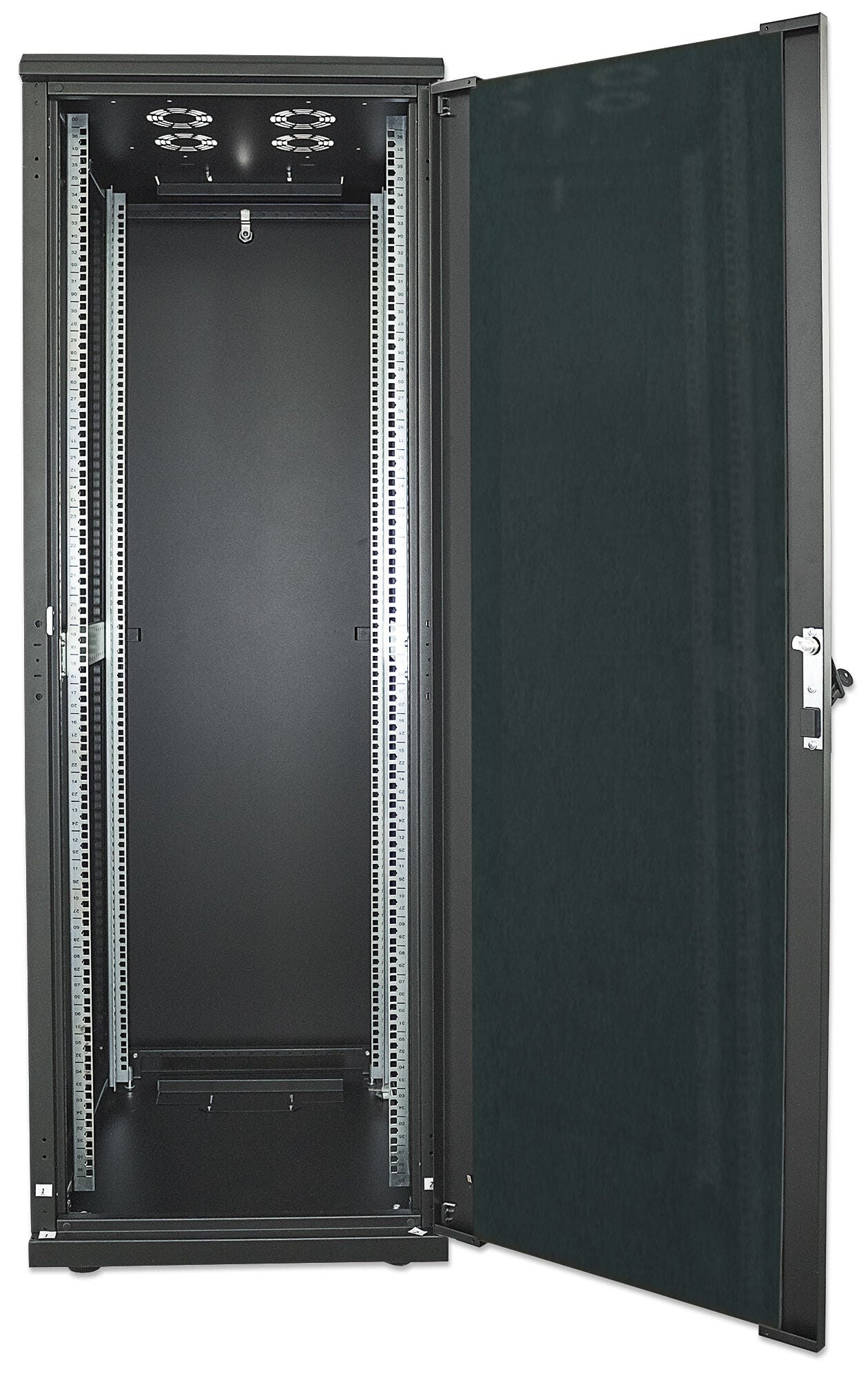 Intellinet Network Cabinet, Free Standing (Standard), 42U, Usable Depth 123 to 373mm/Width 503mm, Black, Flatpack, Max 1500kg, Server Rack, IP20 rated, 19", Steel, Multi-Point Door Lock, One Lock Per Side Panel, Three Year Warranty