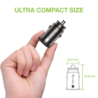 Techly Mini Car Charger USB-A and USB-C Quick Charge 3.0 38W in Black Metal