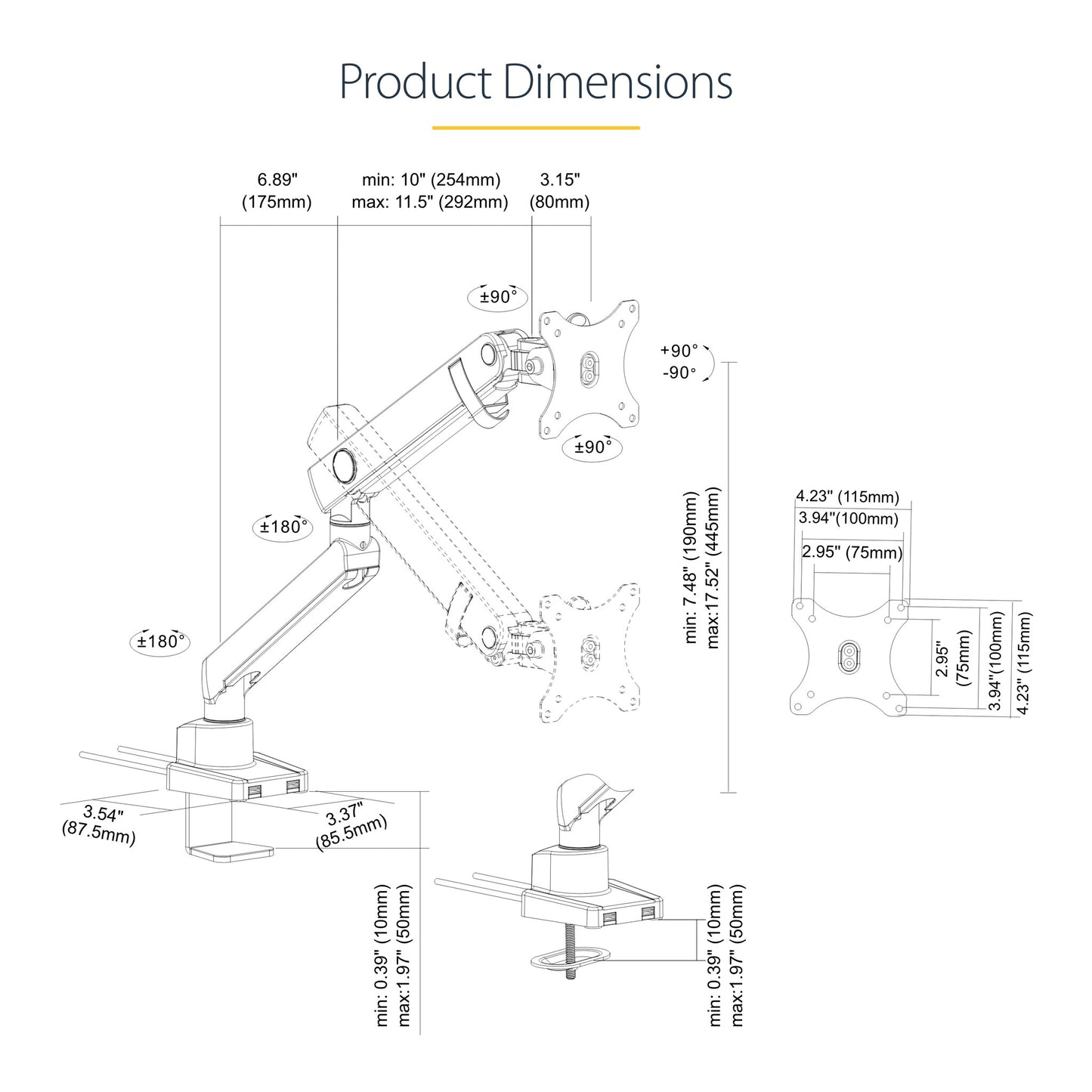 StarTech.com Desk Mount Monitor Arm with 2x USB 3.0 ports, Slim Full Motion Single Monitor Mount, up to 34" (17.6lb/8kg) VESA Display, Clamp/Grommet Mount, Mechanical Spring