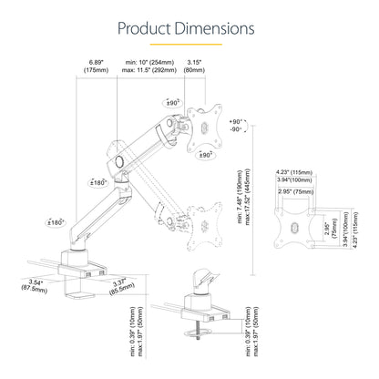 StarTech.com Desk Mount Monitor Arm with 2x USB 3.0 ports, Slim Full Motion Single Monitor Mount, up to 34" (17.6lb/8kg) VESA Display, Clamp/Grommet Mount, Mechanical Spring