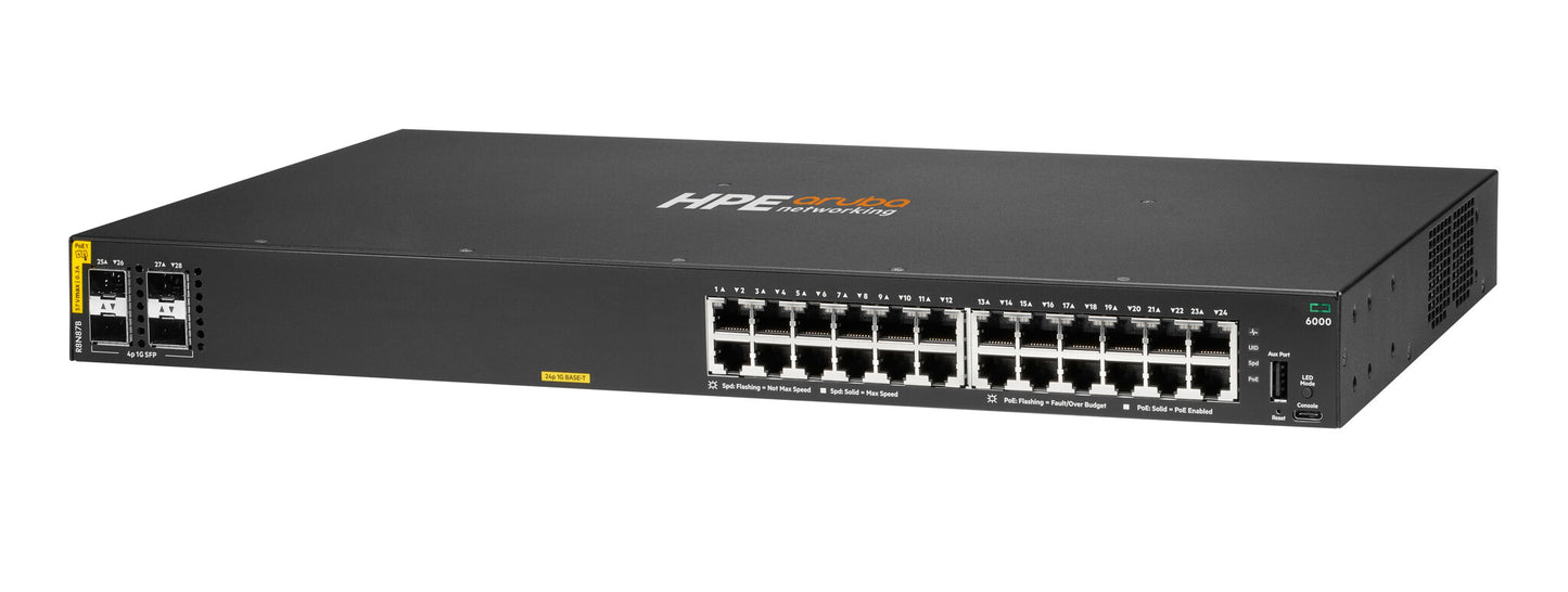 HPE Aruba Networking CX 6000 24p 10M/100M/1G Class4 PoE 4p SFP 1G 370W Switch